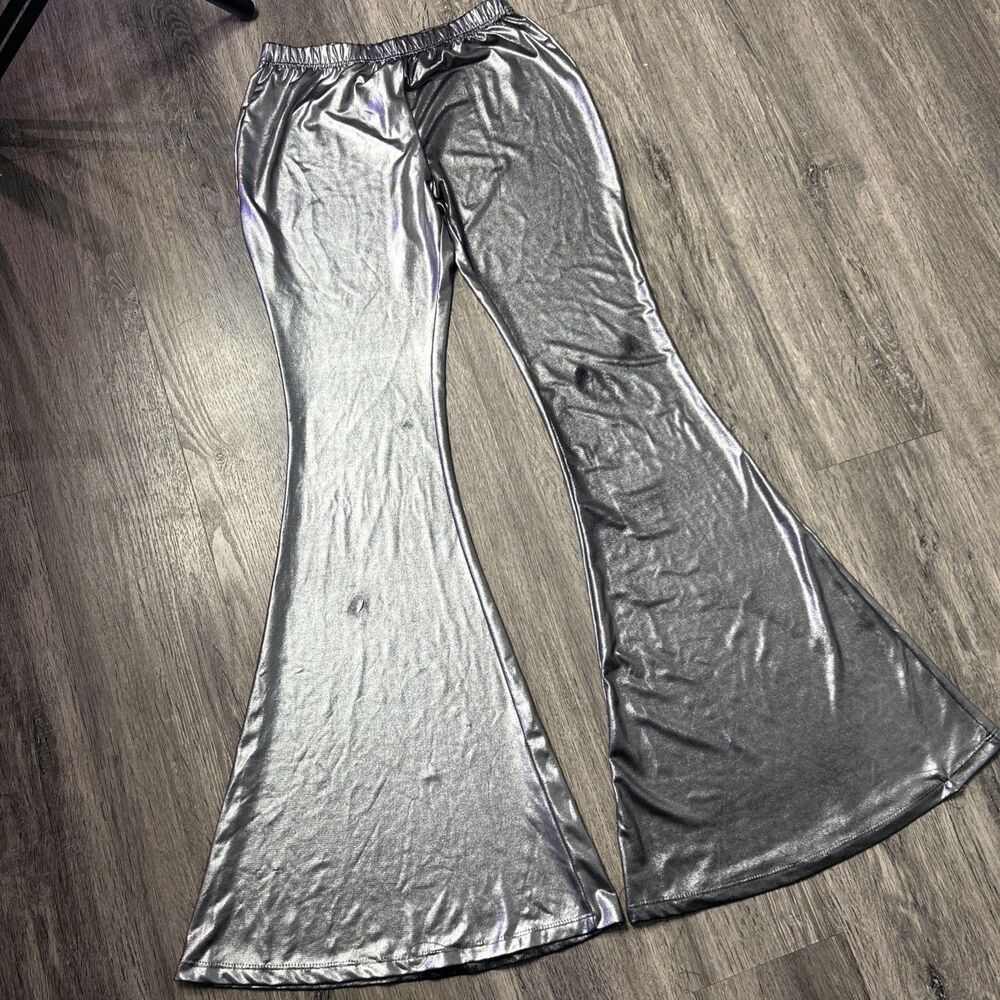 Y2K Cyber Punk Rue 21 Silver Metallic Flare Pants Festival Size Small